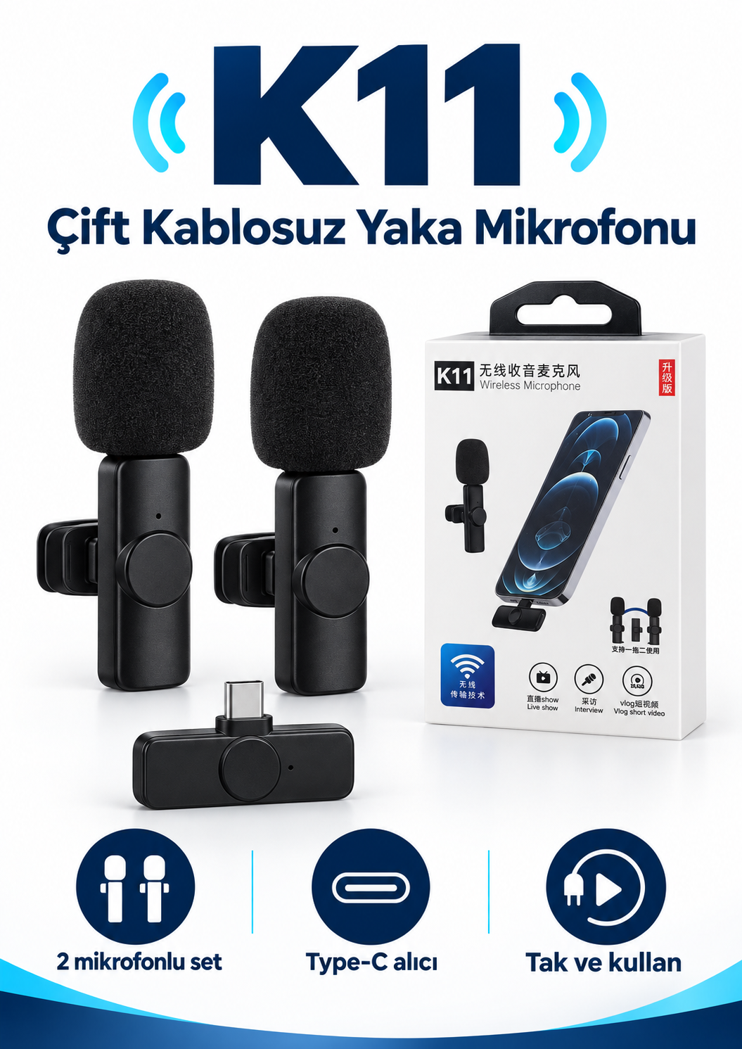K11 Çift Kablosuz Yaka Mikrofonu Type-C Alıcılı 2 Mikrofonlu Set ürün ve ambalaj görünümü K11 Çift Kablosuz Yaka Mikrofonu Type-C Alıcılı 2 Mikrofonlu Set ürün ve ambalaj görünümü