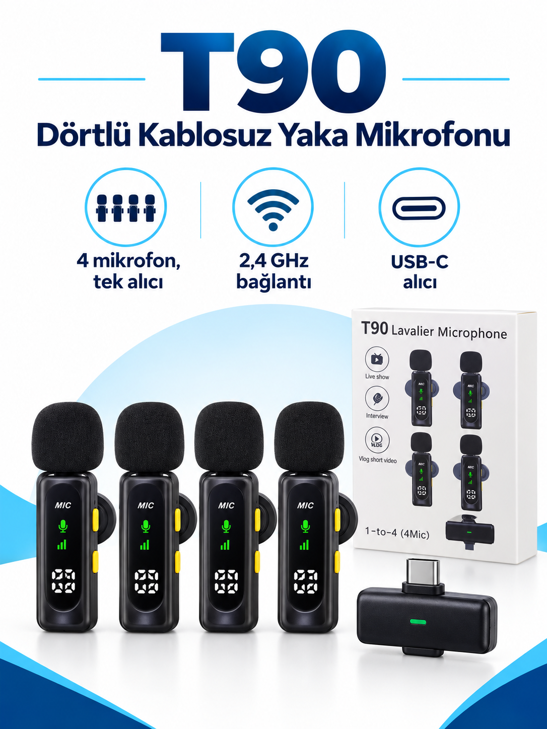 T90 Dörtlü Kablosuz Yaka Mikrofonu – 4 Mikrofonlu 2.4 GHz USB-C Alıcılı Röportaj Seti T90 Dörtlü Kablosuz Yaka Mikrofonu USB-C Alıcılı 4 Mikrofon Seti ürün ve ambalaj görünümü
