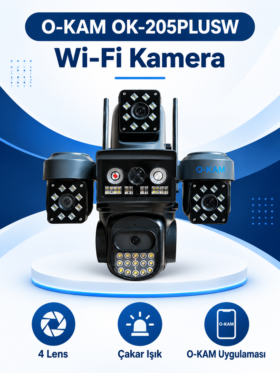 O-KAM OK-205PLUSW 4 Lensli Wi-Fi Güvenlik Kamerası Çakar Işıklı, O-KAM Uygulama Destekli O-KAM OK-205PLUSW Wi-Fi Kamera ürün görünümü