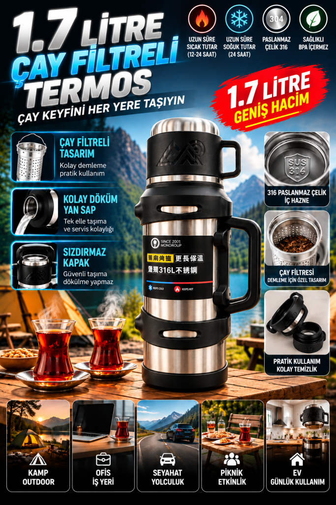 1.7 litre Çay filtreli termos