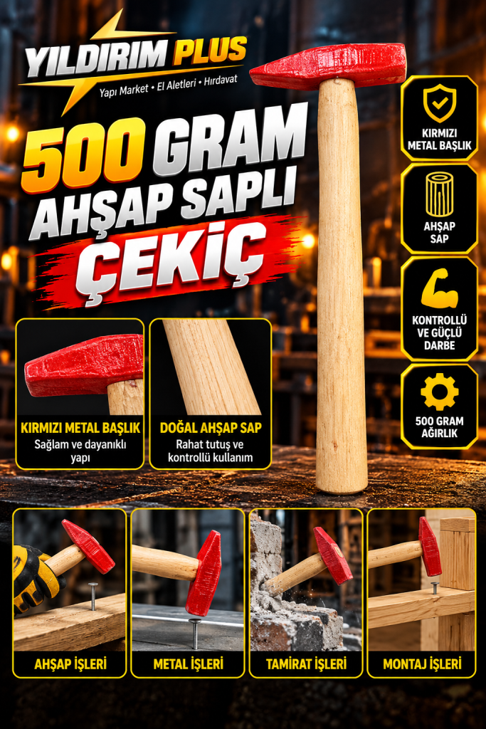 500 gram ahşap saplı Çekiç