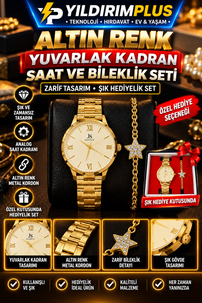 altın renk saat ve bileklik seti (1)