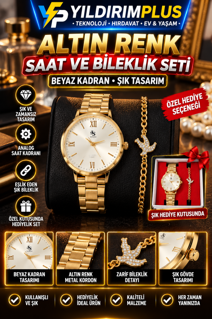 altın renk saat ve bileklik seti