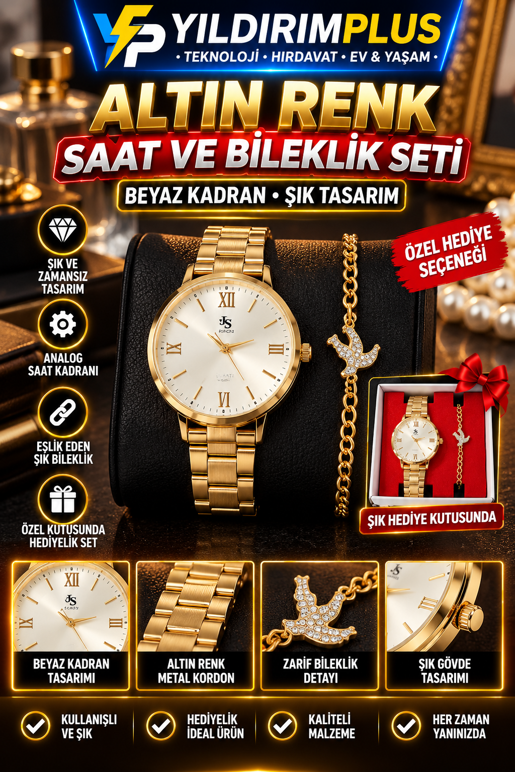 altın renk saat ve bileklik seti altın renk saat ve bileklik seti