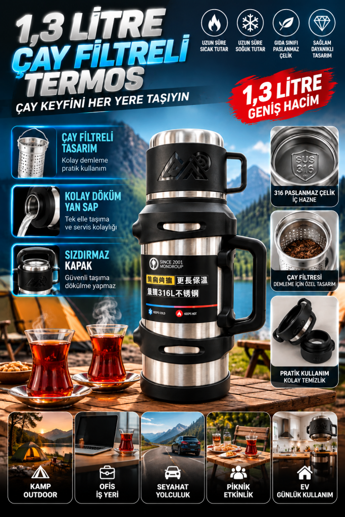 1,3 litre çay filtreli taşıma saplı termos Görsel Dosya Adı