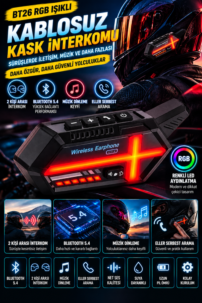neon işıklı kask İnterkomu