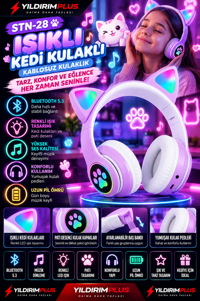 neon işıklı kedi kulaklıkları