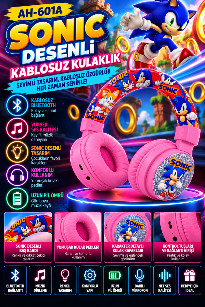 neon sonic temalı kablosuz kulaklık reklamı