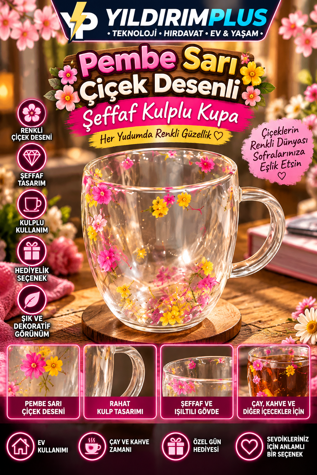 pembe sarı Çiçekli Şeffaf kupa pembe sarı Çiçekli Şeffaf kupa