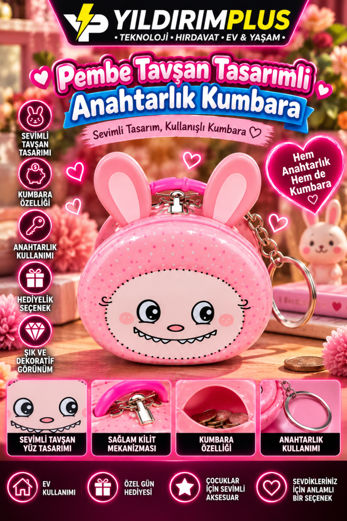 pembe tavşanlı Şirin kumbara anahtarlık
