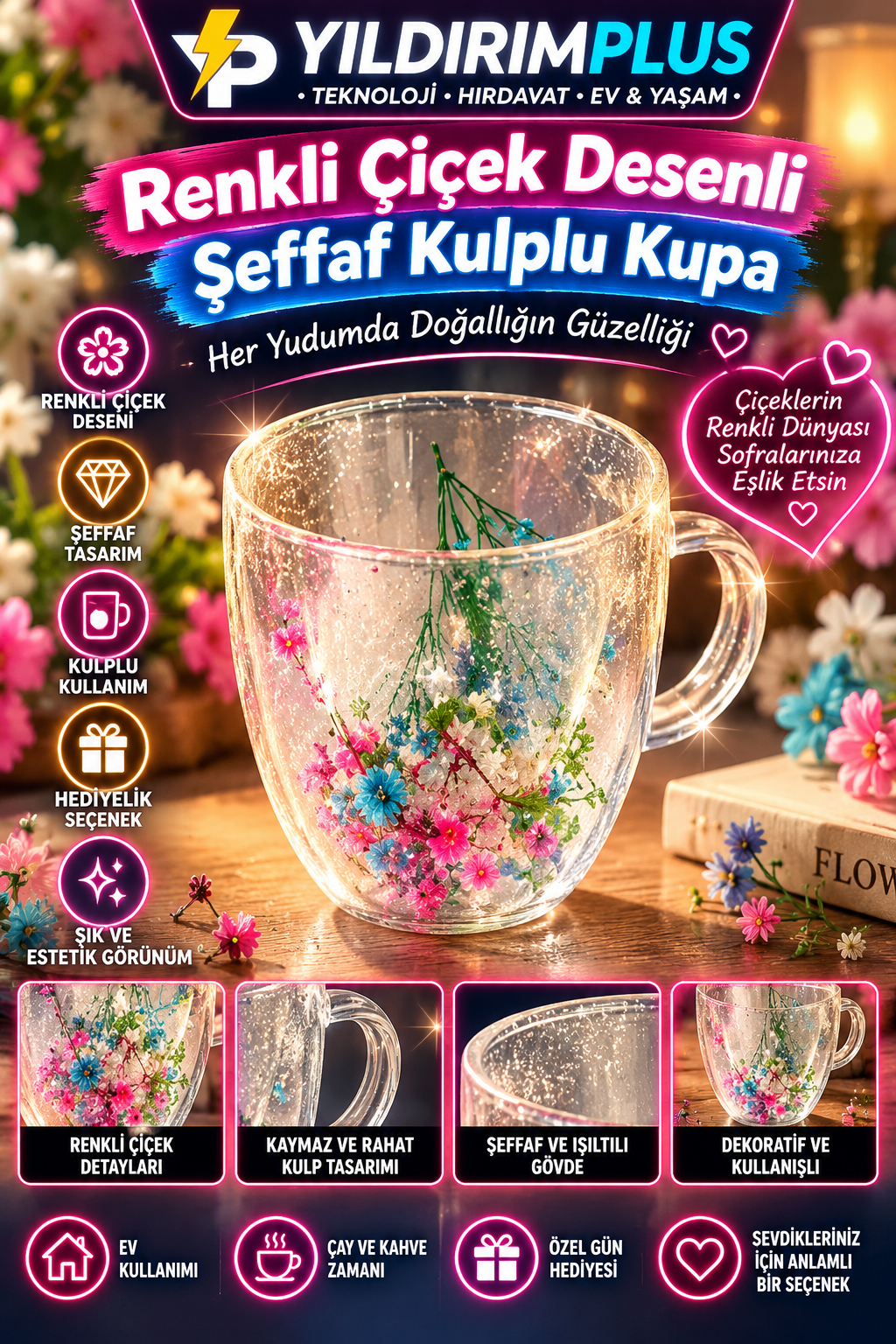 renkli Çiçekli işıltılı kupa tanıtımı renkli Çiçekli işıltılı kupa tanıtımı