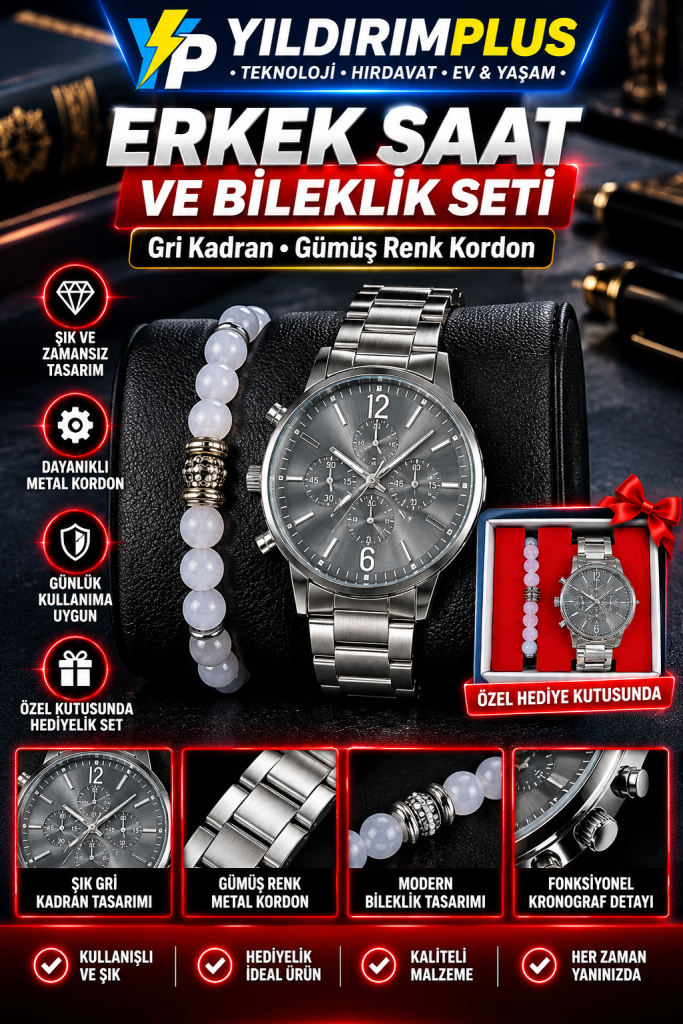 Şık erkek saat ve bileklik seti