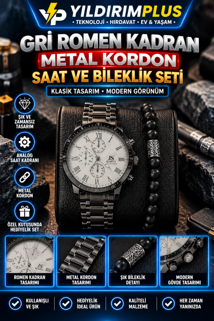 Şık metal kordonlu saat seti