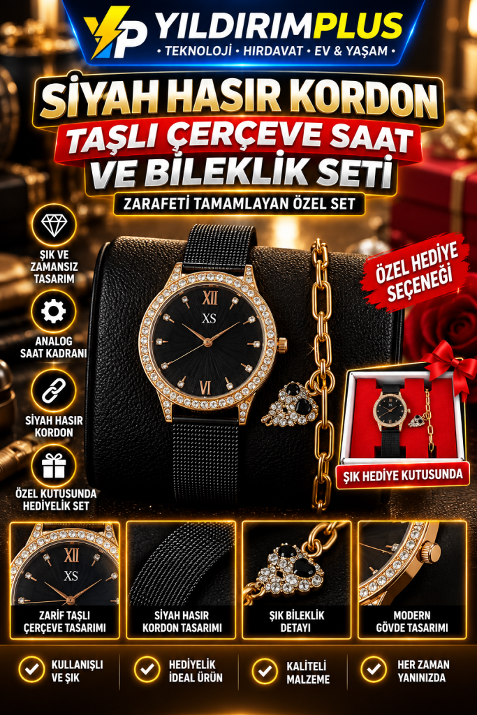 siyah hasır kordonlu Şık saat seti