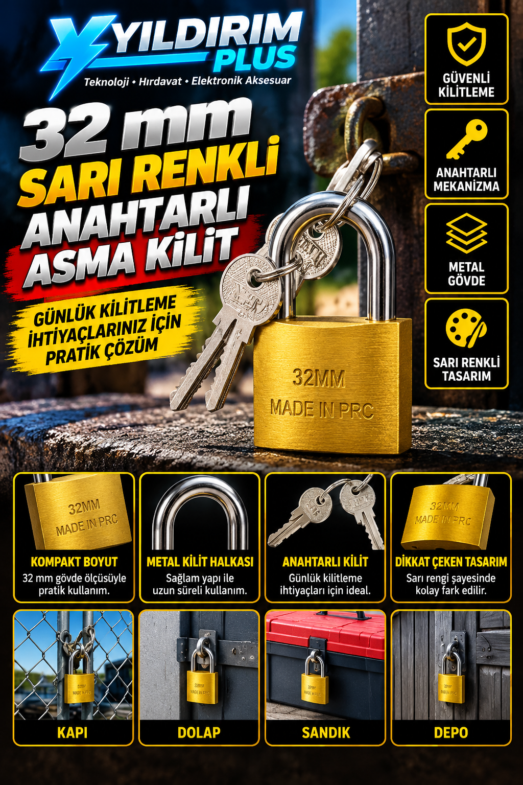 yıldırım plus 32 mm sarı asma kilit posterii yıldırım plus 32 mm sarı asma kilit posterii
