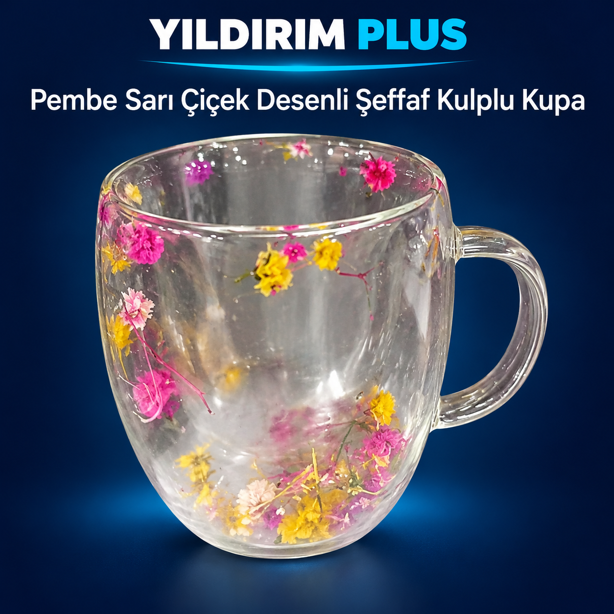 Pembe Sarı Çiçek Desenli Şeffaf Kulplu Kupa – Dekoratif Çiçekli Bardak Pembe Sarı Çiçek Desenli Şeffaf Kulplu Kupa ürün görünümü