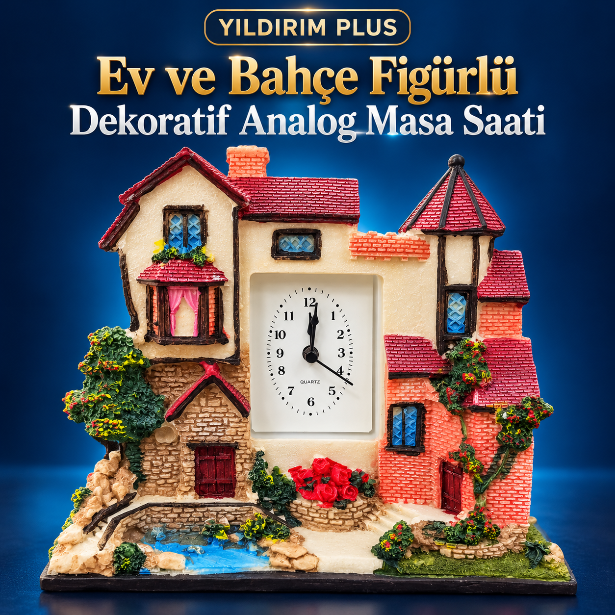 Ev ve Bahçe Figürlü Dekoratif Analog Masa Saati – Minyatür Ev Tasarımlı Hediyelik Saat Ev ve Bahçe Figürlü Dekoratif Analog Masa Saati ürün görünümü