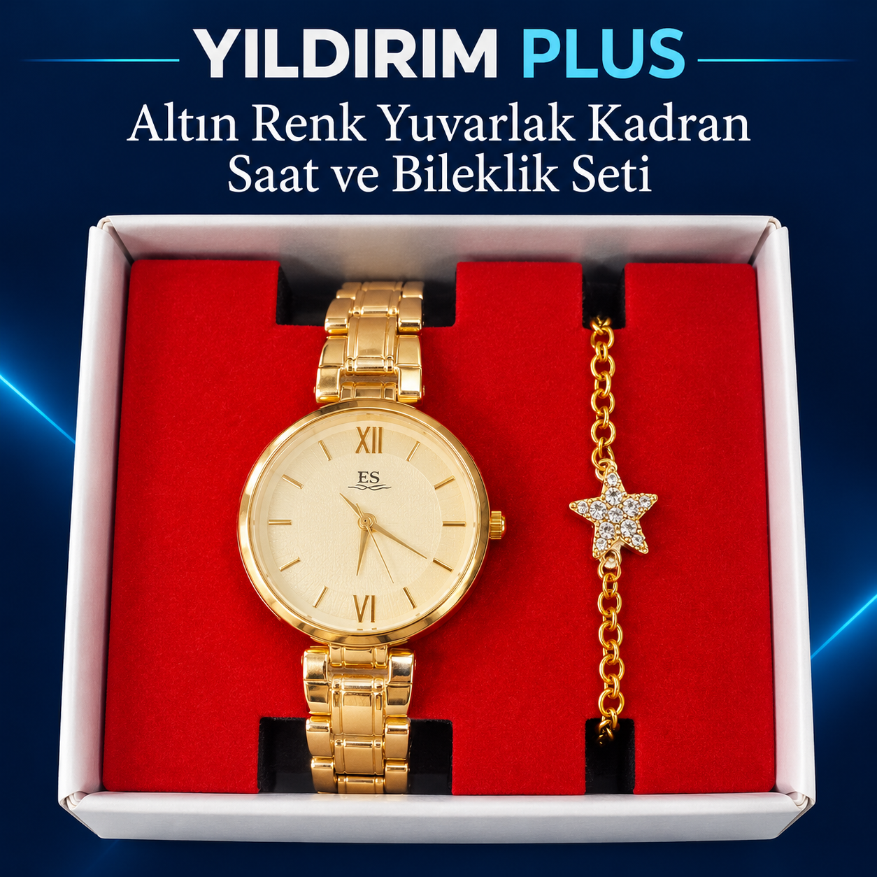 Altın Renk Yuvarlak Kadran Saat ve Bileklik Seti Altın Renk Yuvarlak Kadran Saat ve Bileklik Seti ürün görünümü