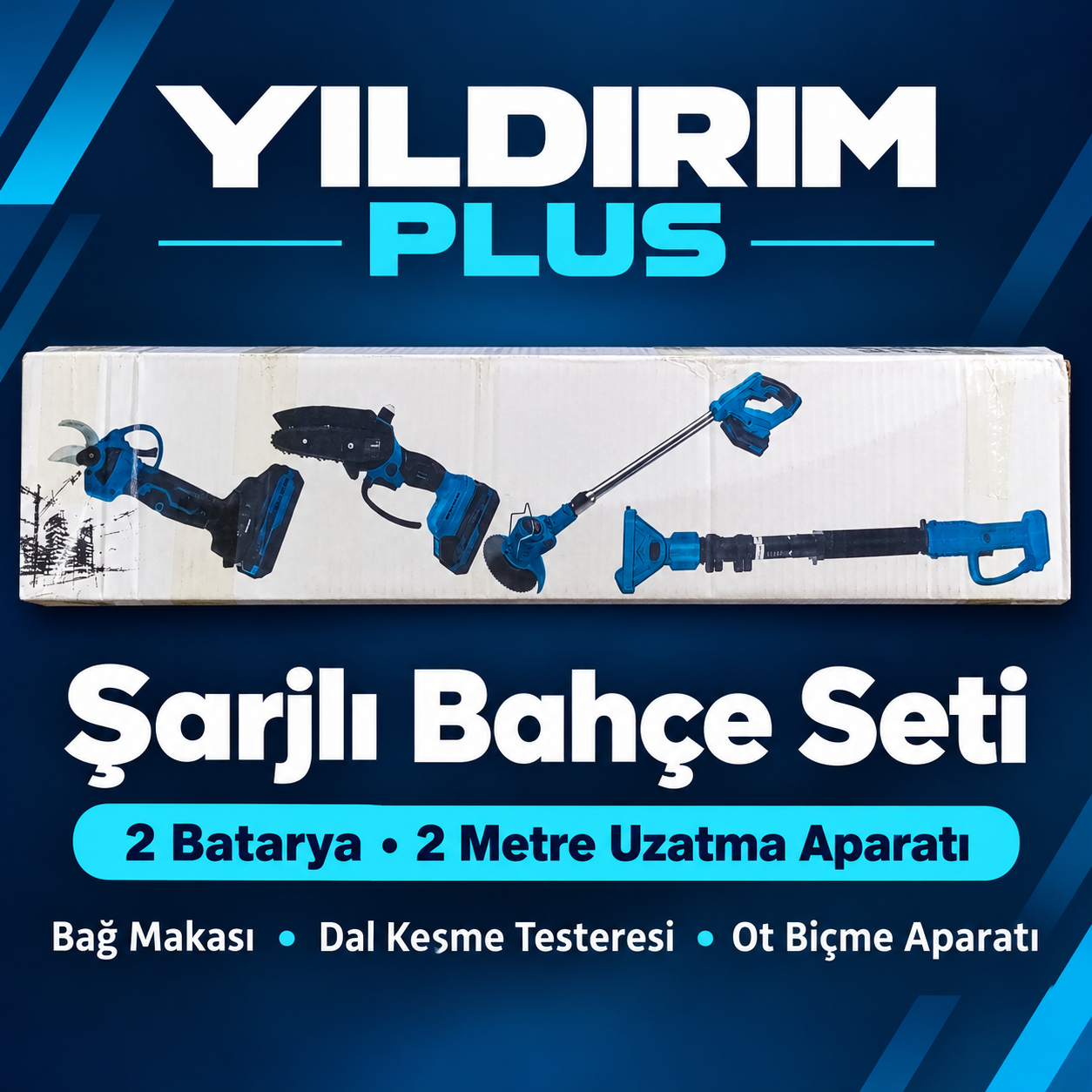 2 Bataryalı Şarjlı Bahçe Seti – Bağ Makası, Dal Kesme Testeresi, Ot Biçme Aparatı ve 2 Metre Uzatma Kolu 2 Bataryalı Şarjlı Bahçe Seti ve 2 Metre Uzatma Aparatı ürün görünümü