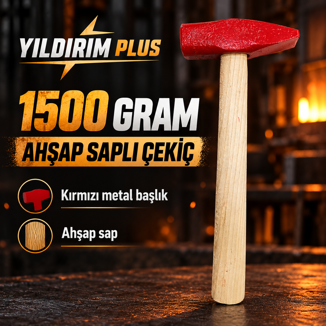 1500 gram çekiç, ahşap saplı çekiç, metal başlıklı çekiç, kırmızı çekiç, 1.5 kg çekiç, tamirat çekici, atölye çekici, el aletleri, yapı market, Yıldırım Plus 1500 Gram Ahşap Saplı Kırmızı Çekiç ürün görünümü