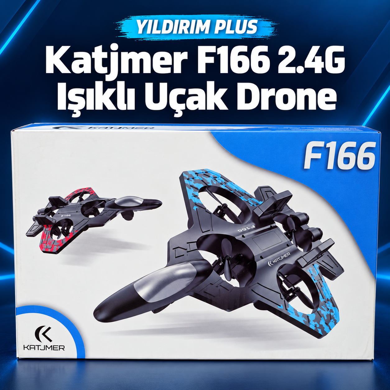Katjmer F166, F166 uçak drone, 2.4G uçak drone, ışıklı uçak drone, uzaktan kumandalı uçak, 360 derece takla atan drone, tek tuşla kalkış, uzaktan kumandalı oyuncak, Yıldırım Plus Katjmer F166 2.4G Işıklı Uçak Drone ürün görünümü